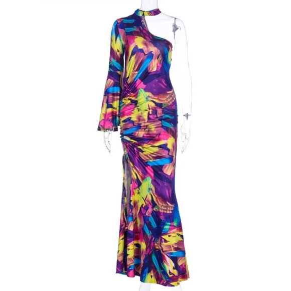 Sexy Colorful Midi Maxi One Shoulder Choker Neck Front Slit Ruched Bodycon Dress - Picture 8 of 12